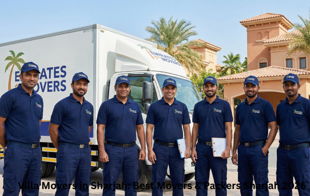 Affordable and insured villa movers in Sharjah standing by their moving truck