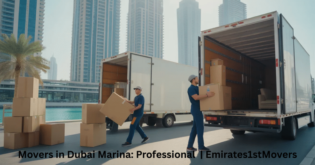Professional movers in Dubai Marina moving furniture and boxes safely