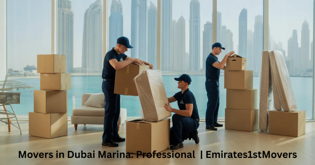 Movers and packers in Dubai Marina preparing household items for relocation