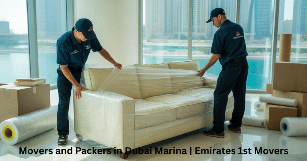 Professional movers in Dubai Marina wrapping furniture securely