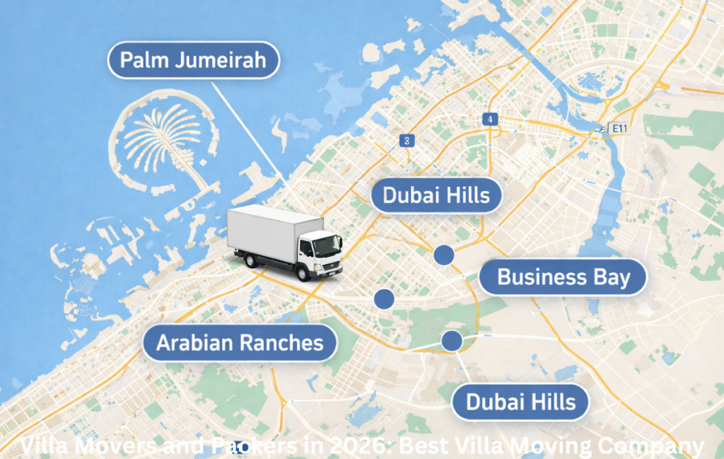 Dubai villa moving service areas including Palm Jumeirah and Dubai Hills