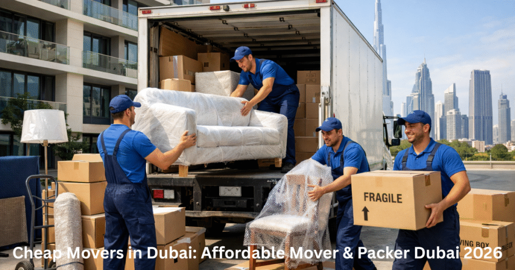 Cheap movers in Dubai loading furniture into a moving truck for house relocation