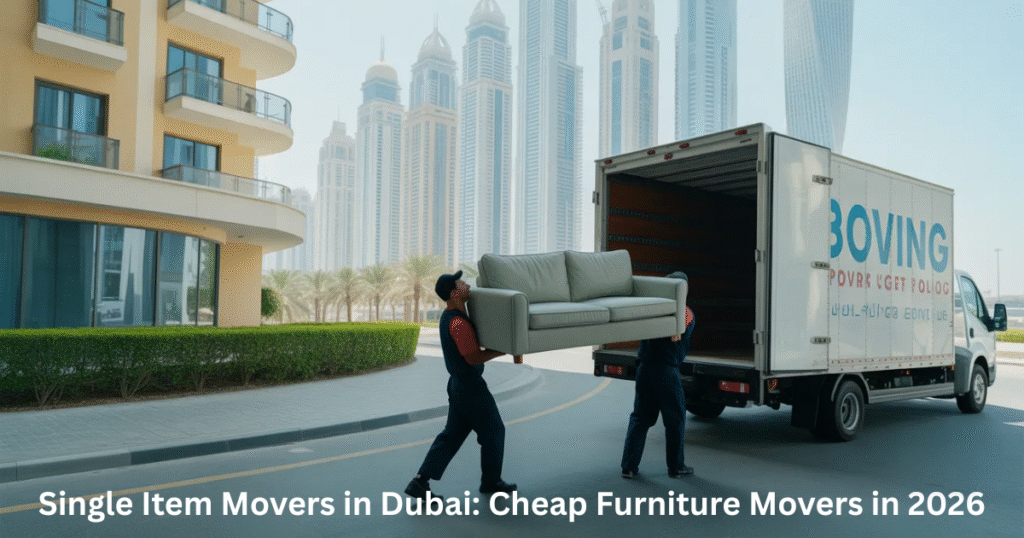 Single item movers in Dubai carrying sofa from apartment