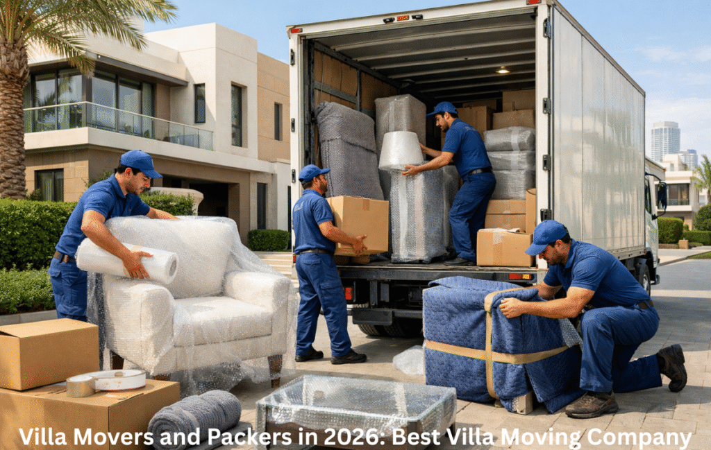 Villa movers and packers in Dubai loading furniture into moving truck during villa relocation