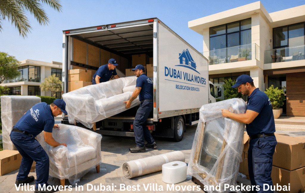 Villa movers in Dubai loading furniture safely into moving truck at luxury villa