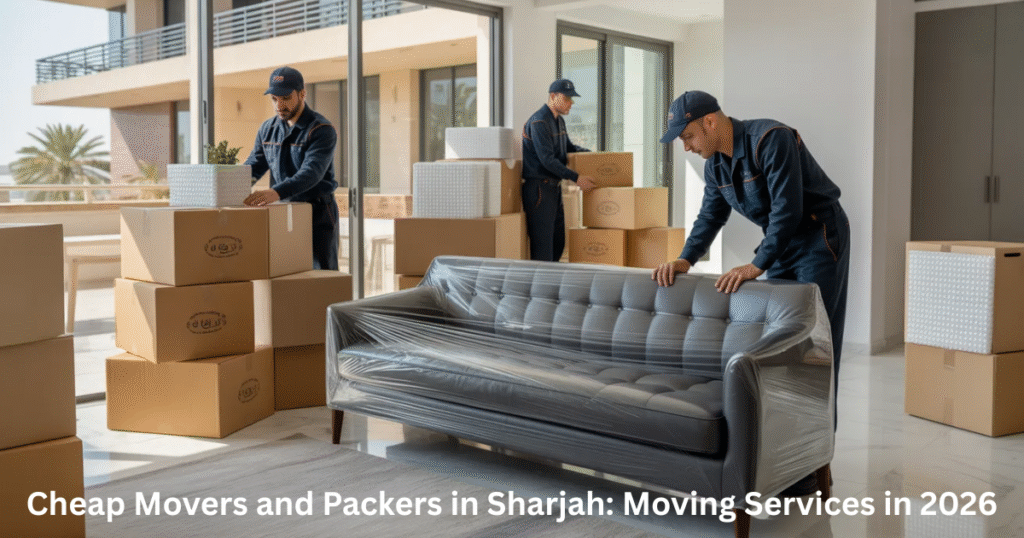 Professional movers packing furniture in Sharjah apartment